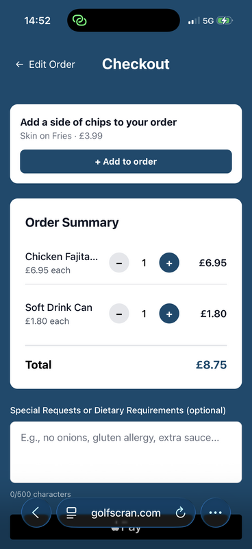 Golf Scran ordering interface on a phone